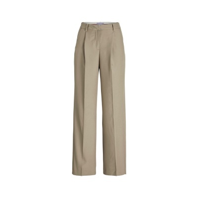 Calças bege de tecido com fechamento frontal em botão.