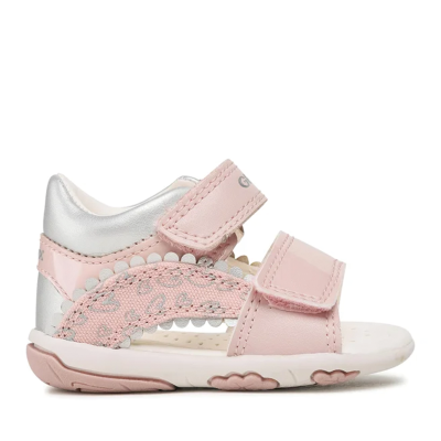 Sandália infantil rosa com velcro e detalhes prateados