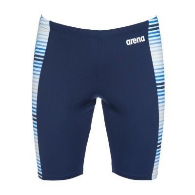 Calções de banho azuis com faixas laterais riscadas e logotipo arena