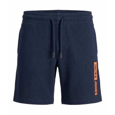 Calções azul escuro com cordão e texto JACK & JONES laranja