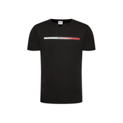 Camiseta preta com padrão listrado e texto Tommy Jeans ao centro