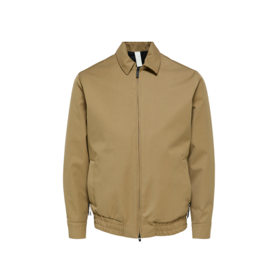 casaco bege com fecho de correr e gola clássica