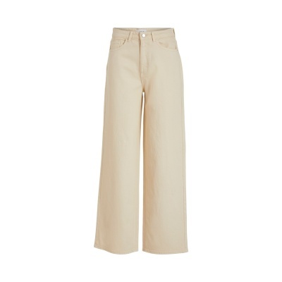 Calças largas bege claro com bolsos e botão num fundo branco