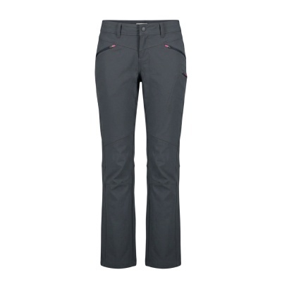 Calças femininas cinzentas com bolsos e fechos em rosa-lilás