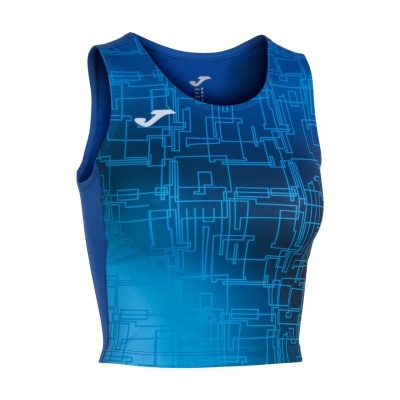 Top desportivo azul com padrão geométrico e logótipo Joma branco no peito