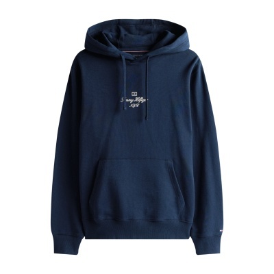 Sweatshirt azul escuro com capuz e texto branco bordado