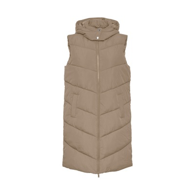 Colete comprido bege acolchoado com capuz e fecho de correr