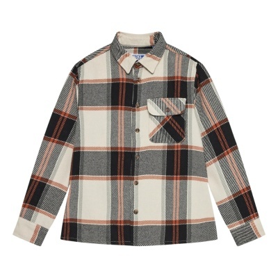 Camisa xadrez bege, preto, cinza e laranja com bolso e botões