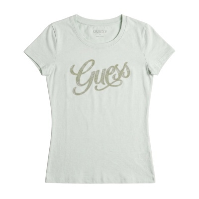 T-shirt branca feminina com logo Guess em letras cursivas