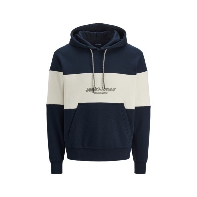 Sweatshirt com capuz azul escuro e branco com texto Jack & Jones