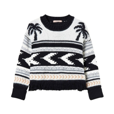 Camisola de malha preta e branca com padrão geométrico e palmeiras