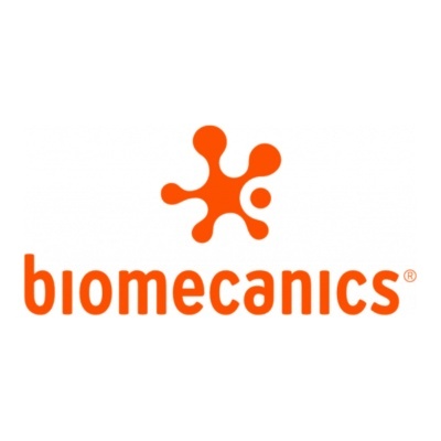 Logotipo da marca biomecanics em laranja com símbolo orgânico