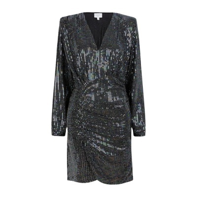 Vestido curto brilhante preto e prata com mangas compridas e decote em V