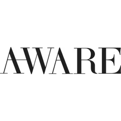 Palavra AWARE em letras pretas sobre fundo branco