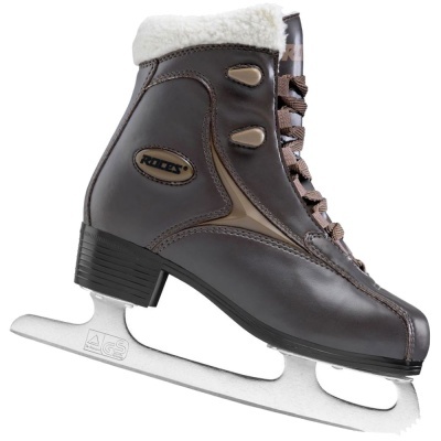 Patins de gelo castanhos com forro branco e lâmina metálica.