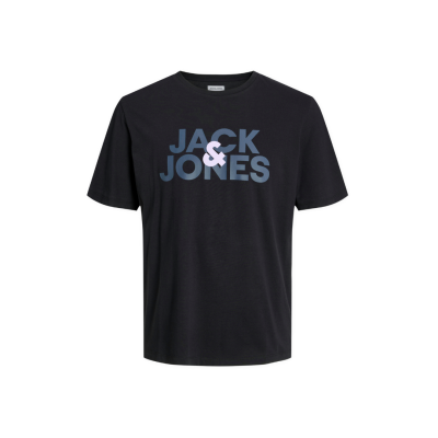 T-shirt preta de manga curta com texto JACK & JONES azul e branco no peito