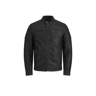 Casaco preto de homem em material semelhante a pele com fecho de correr frontal