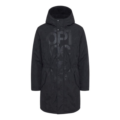 Casaco parka preto com capuz e letras grandes no peito