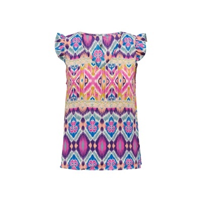 Vestido infantil colorido com padrão geométrico e detalhes em renda