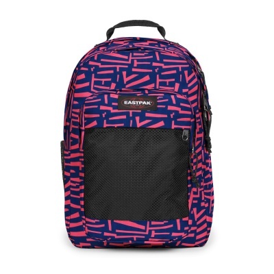 Mochila azul e rosa com bolso de rede preto