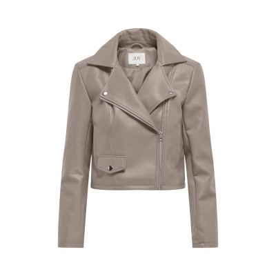 Casaco de senhora curto em pele bege com fecho de correr e bolso