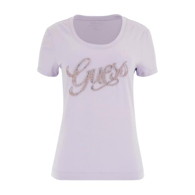T-shirt lilás feminina manga curta com logo Guess em pedraria