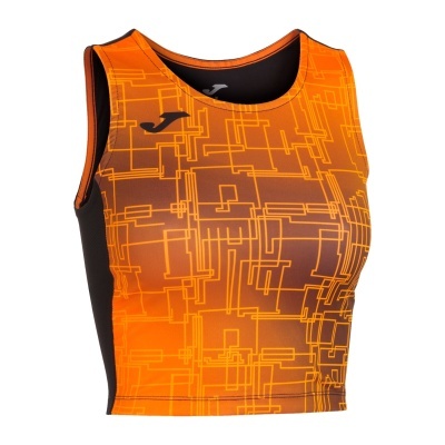 Top desportivo feminino laranja com padrão geométrico e logo J preto