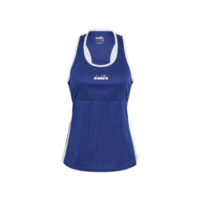 Camisola desportiva azul e branca sem mangas com logótipo diadora