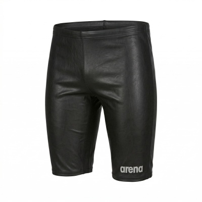 Calções pretos de aspeto couro com logótipo arena cinza.