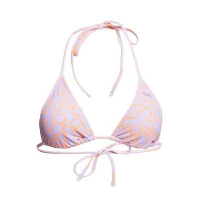 Top de bikini triangular lilás com padrão floral laranja e fitas para amarrar