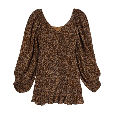 Vestido feminino animal print castanho e preto com mangas abalonadas e botões frontais