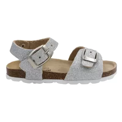 Sandália infantil prata glitter com fivelas e sola de cortiça