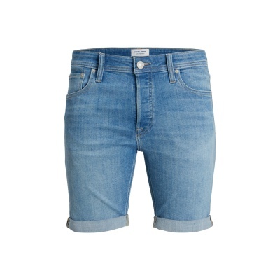 Calções de ganga azuis com bainha dobrada e etiqueta branca