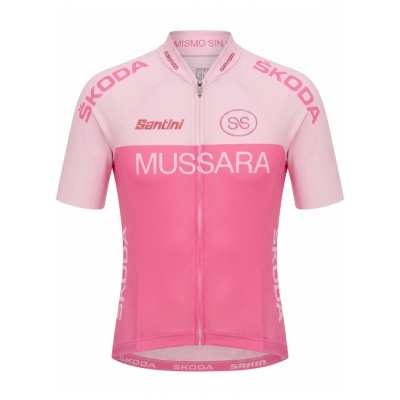 Camisola ciclismo rosa com fecho e vários logos