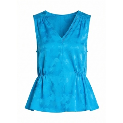 Blusa azul sem mangas com padrão geométrico e decote em V