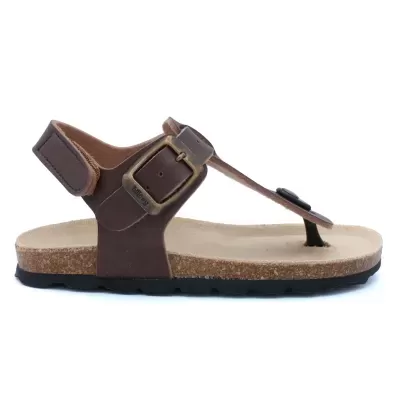 Sandália castanha com fivela dourada e sola de cortiça