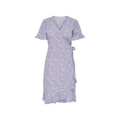 Vestido feminino lilás com padrão floral e folhos