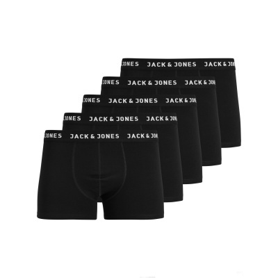 Cinco boxers pretos com cós preto e texto JACK & JONES branco