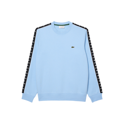 Sweatshirt azul clara com fitas pretas com logótipo branco nas mangas e crocodilo verde bordado no peito esquerdo