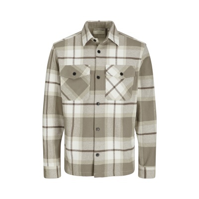 Casaco camisa xadrez bege, branco e castanho com bolsos e botões pretos