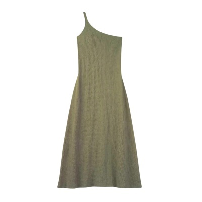 Vestido midi verde seco com alça fina num dos ombros