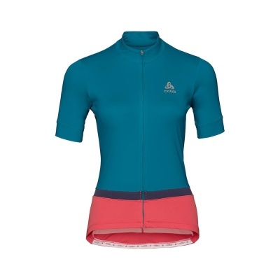 Camisola de ciclismo azul turquesa com detalhe cor-de-rosa e fecho de correr