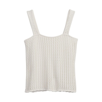 Top feminino branco de malha com padrão de tricô aberto e alças largas