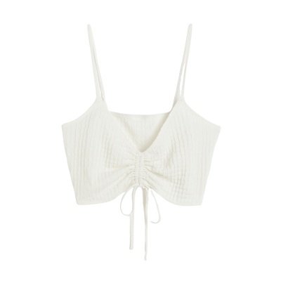 Top feminino branco com alças finas e cordão ajustável franzido