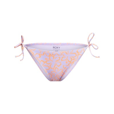 Cueca de bikini lilás com padrão de flores laranja e laços nas laterais