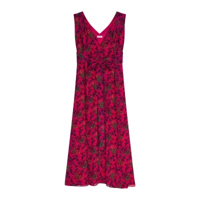 Vestido comprido cor de rosa com padrão floral e decote em V