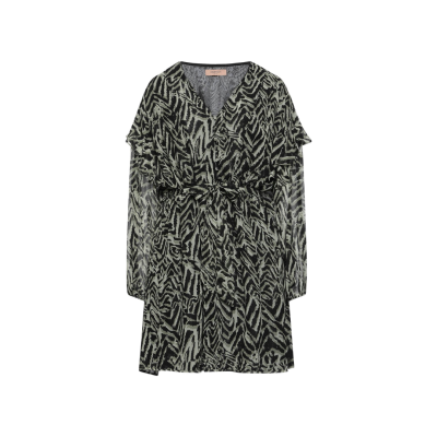 Vestido curto preto e branco com padrão animal print e mangas longas