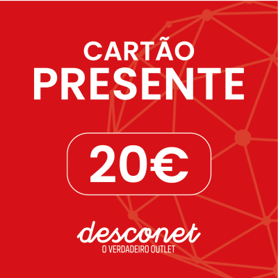 Cartão presente vermelho com valor de 20€ e texto desconet O VERDADEIRO OUTLET