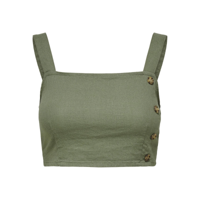 Top cropped feminino verde-oliva com botões de madeira na lateral
