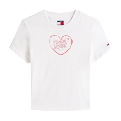 T-shirt branca com coração cor de rosa e texto TOMMY JEANS Since 85